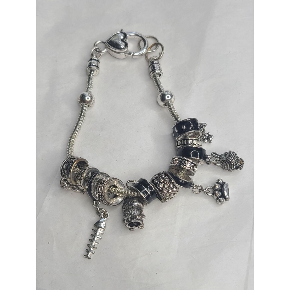 Vtg Brighton Cat Charm Bracelet With Heart Clasp  Assorted Cat Related Charms